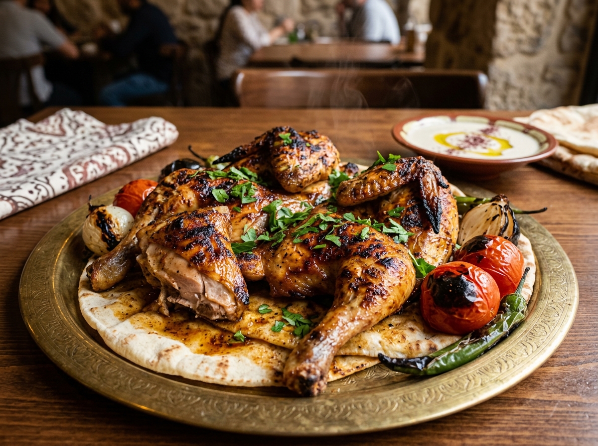 فرخة كاملة مشوية على الفحم مع أرز وطحينة